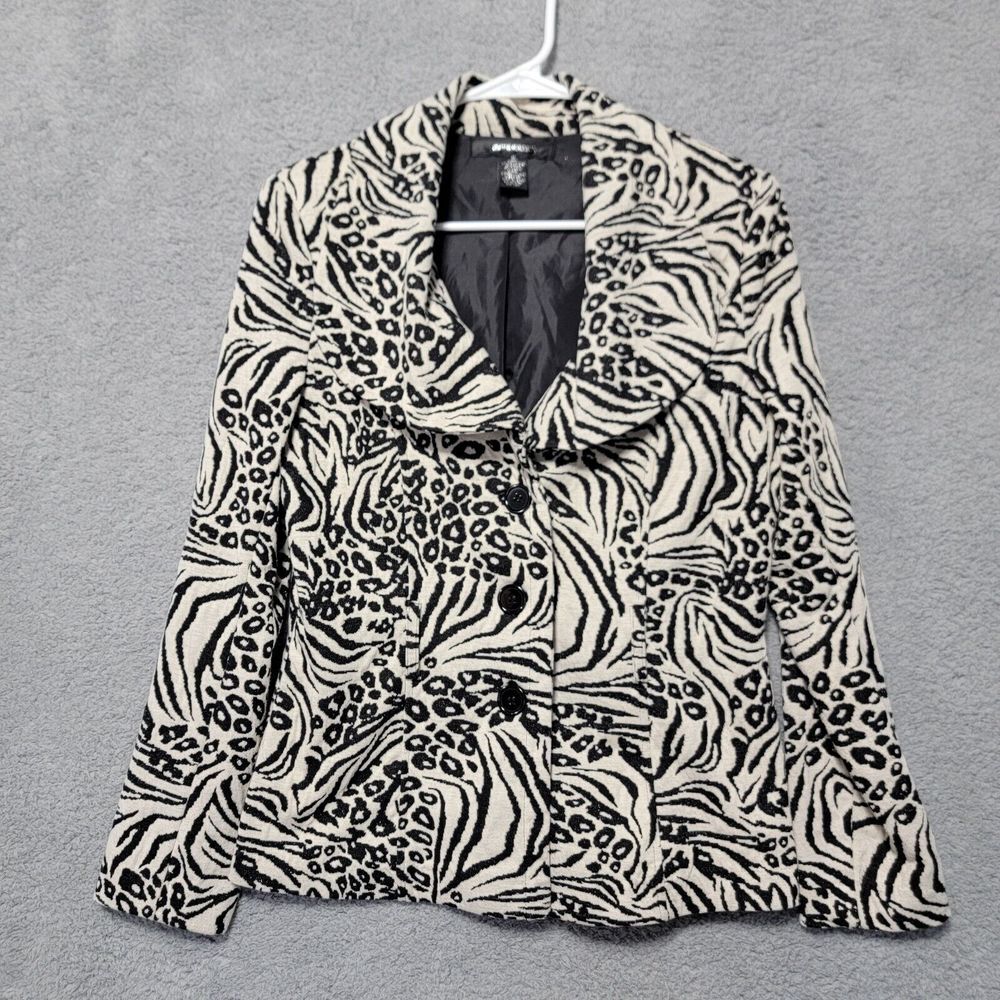 89th & MADISON Women's Animal Print Jacket Blazer Cream‎ Black Size Small